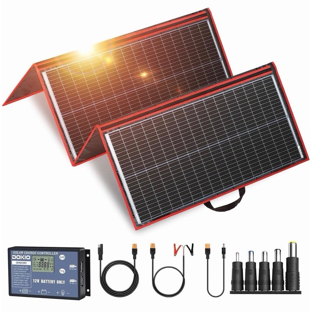 DOKIO 300W PORTABLE FOLDING SOLAR PANEL KIT - BLACK AND RED